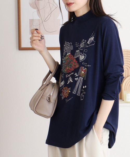 ブローディア BRODIAEA ハイネックカットソー カラフル刺繍 スーパープレミアサーモ （ベージュ） ブローディア BRODIAEA ハイネックカットソー カラフル刺繍
