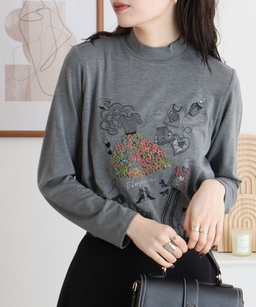 ブローディア BRODIAEA ハイネックカットソー カラフル刺繍 スーパープレミアサーモ （チャコールグレー） tシャツ BRODIAEA ハイネックカットソー カラフル刺繍 スーパー