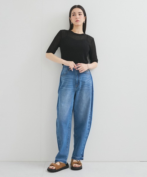 【ネイビー】針抜き プレーティング ニットTシャツ SHIPS:〈接触冷感〉 ICE COTTON クルーネック ショート スリーブ