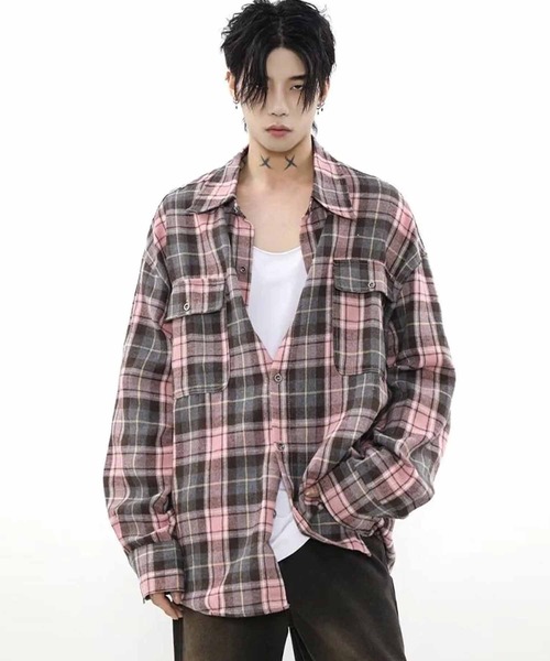 メンズ チェック柄シャツ ネルシャツ ビッグシルエット T03112 TopIsm シャツ 「2025」ビッグシルエット ピンクチェック柄 長袖