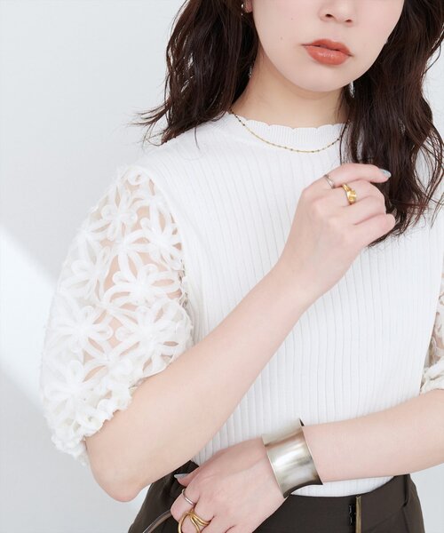 natural couture ニット セーター フラワーエンブロイダリー袖