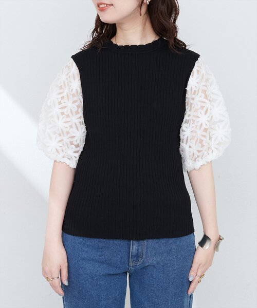 natural couture ニット セーター フラワーエンブロイダリー袖