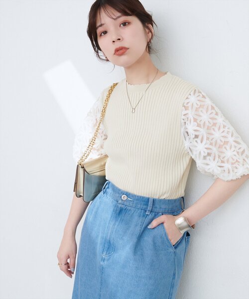 natural couture ニット セーター フラワーエンブロイダリー袖