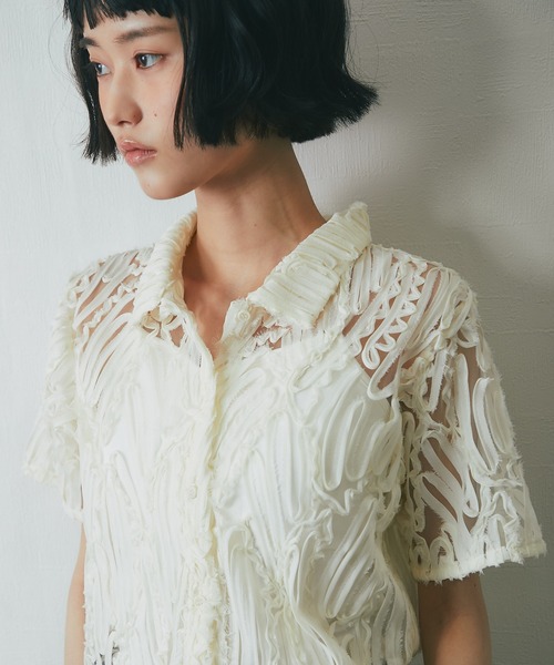 ブラウス シャツ コンパクト刺繍レース襟付きシャツ レディース