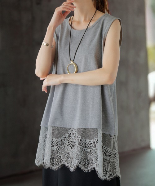HUG.U（ハグユー） タンクトップ ノースリーブ 裾レースタンクトップ