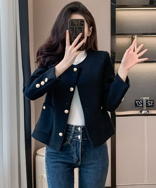 極美品✨レオナール ノーカラージャケットコート 宝石柄トリム 金ボタン LL相当 LETee コート アウター ノーカラージャケット/金ボタン レディース