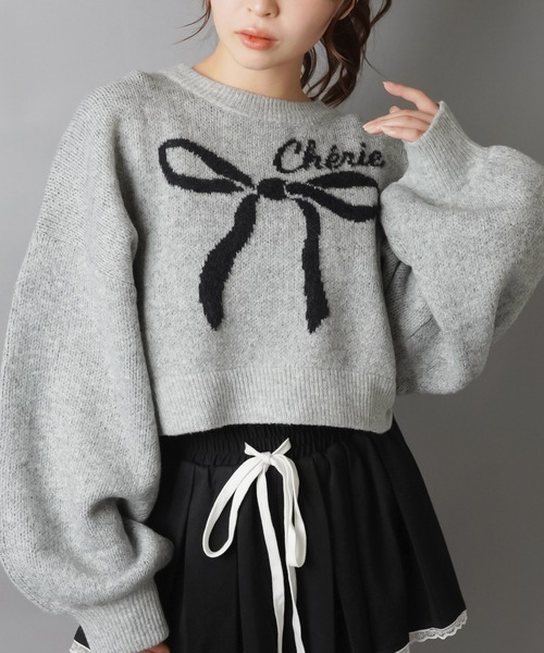 SPINNS（スピンズ） ニット セーター 大きなリボンが主役クロップド丈