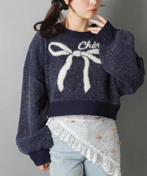 コムデギャルソン GIRL ニット セーター プルオーバー リボン 長袖 S 紺 COMME des GARCONS - コムデギャルソン GIRL ニット セーター プル