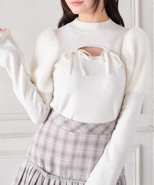 Suyunn ニット セーター リボン付きパフスリーブラメシャギーニット