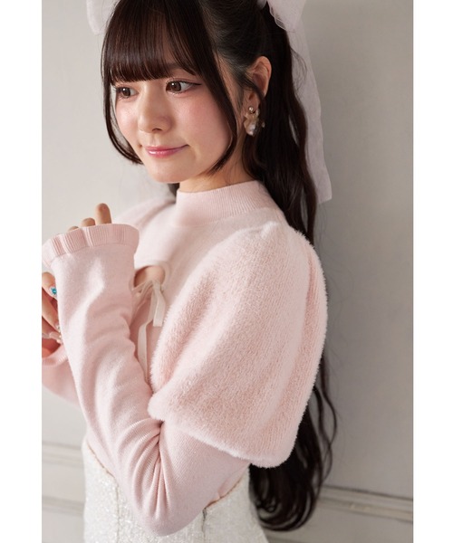 黒白リボン付きパフスリーブセーター Suyunn ニット セーター リボン付きパフスリーブラメシャギーニット