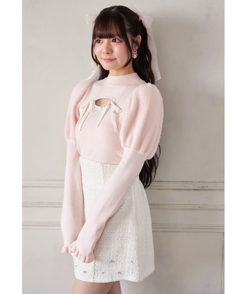 黒白リボン付きパフスリーブセーター Suyunn ニット セーター リボン付きパフスリーブラメシャギーニット