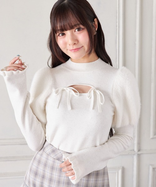 黒白リボン付きパフスリーブセーター Suyunn ニット セーター リボン付きパフスリーブラメシャギーニット