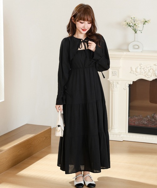 Anely ワンピース ボレロ風 ブラウス付き ティアード ロング