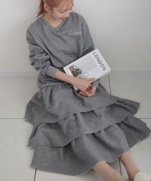 新品 リズレー 裏起毛 スウェット タイトスカート グレー 冬 フリル KOBE LETTUCE（神戸レタス） スカート 「 双松桃子さんコラボ 」裏起毛