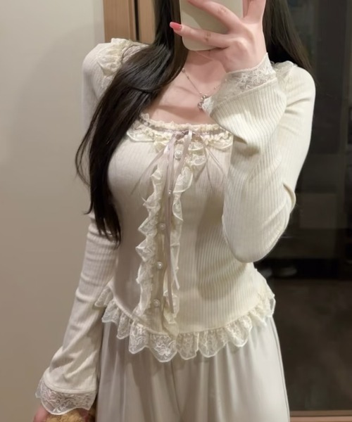Sibra（シブラ） tシャツ レースフリル付き スクエアネックトップス
