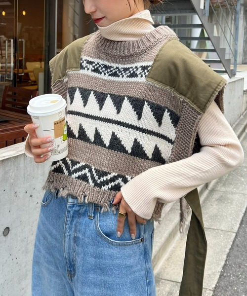 「etsinta」 ニットベスト ONE SIZE カーキ レディース_画像3