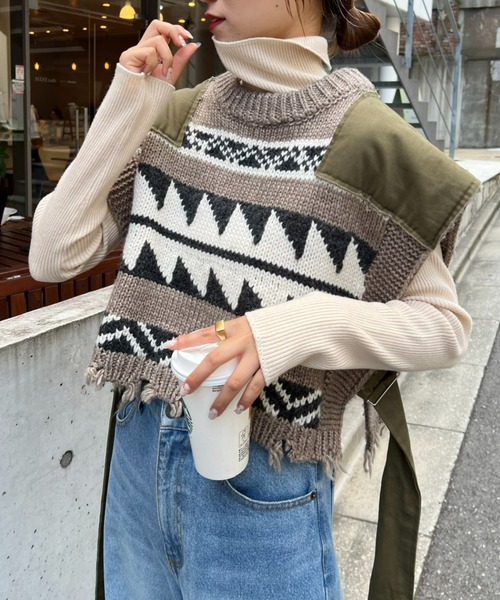 「etsinta」 ニットベスト ONE SIZE カーキ レディース_画像6