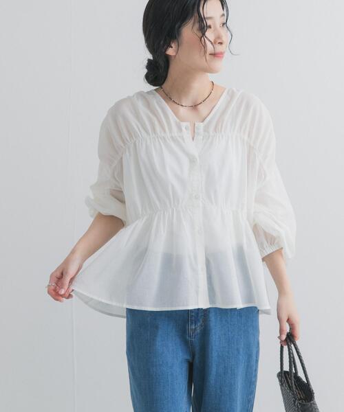 ブラウス シャツ 「UR TECH」コットンギャザーVネックブラウス レディースの画像