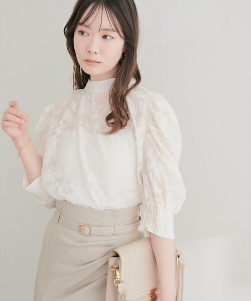 natural couture ブラウス シャツ 半袖 シアージャガードハイネック