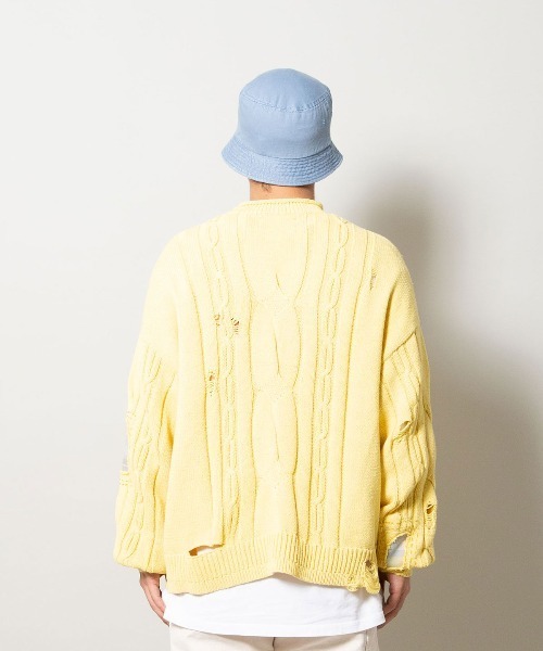 UNION イエロー ダメージ　ケーブル編み ニット UNION イエロー ダメージケーブル編み ニット