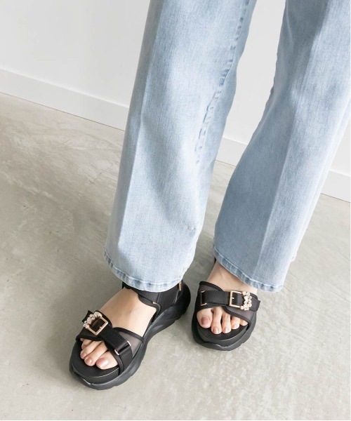 RANDA（ランダ） サンダル コンビマテリアル ビジューバックルサンダル