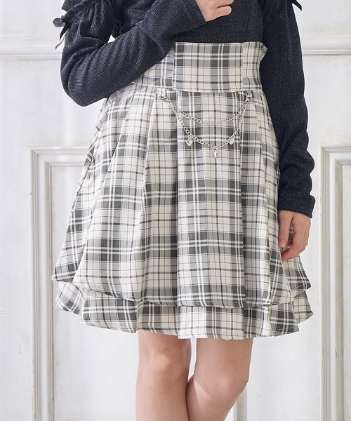 Azukita訳ありCHANEL チェーン柄 フレアスカート 共布2枚付き Amourire girl（アムリールガール） スカート チェーン付き2段フリル