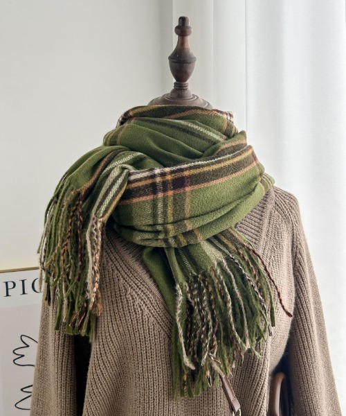 ロゴ入りブラウンマフラー フリンジ付き jiwuus茶色チェック柄フリンジマフラー | mblueshop