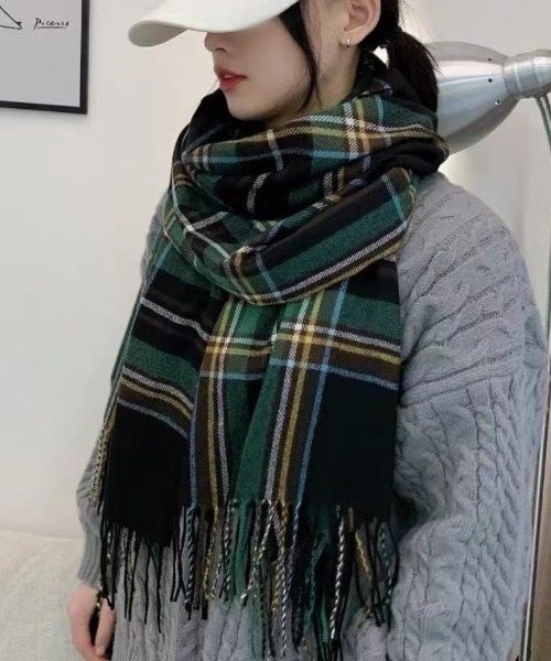 マフラー ストール ウール混 チェック柄 ボリューム フリンジマフラー