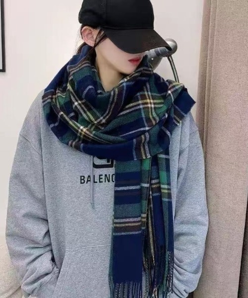 マフラー ストール ウール混 チェック柄 ボリューム フリンジマフラー