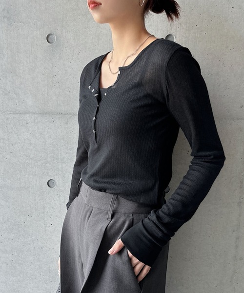 andme tシャツ ヘンリーネックシアートップス レディース