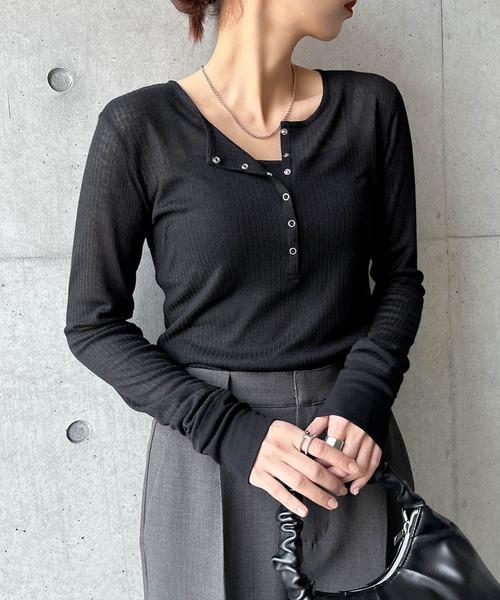 andme tシャツ ヘンリーネックシアートップス レディース