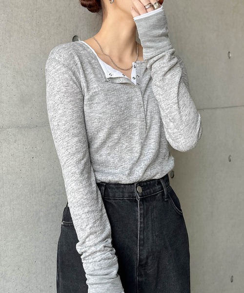 andme tシャツ ヘンリーネックシアートップス レディース