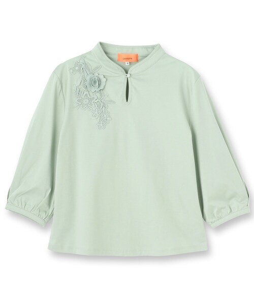SunaUna tシャツ 「レース／チャイナカラー」七分袖プルオーバー