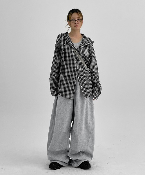 ブラウス シャツ 「MADE」 シュロットチェックサマールーズフィットフードシャツ レディース メンズ BLACKUP ブラウス シャツ 「MADE」 シュロットチェックサマー
