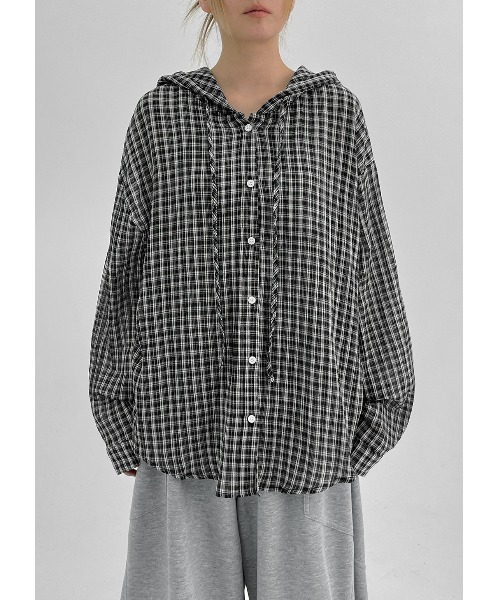 ブラウス シャツ 「MADE」 シュロットチェックサマールーズフィットフードシャツ レディース メンズ BLACKUP ブラウス シャツ 「MADE」 シュロットチェックサマー