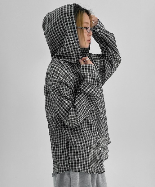 ブラウス シャツ 「MADE」 シュロットチェックサマールーズフィットフードシャツ レディース メンズ BLACKUP ブラウス シャツ 「MADE」 シュロットチェックサマー