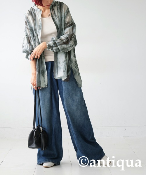 「antiqua」 「patterntorso」長袖ブラウス P ブルー レディース