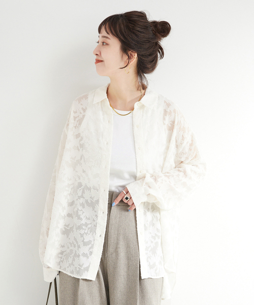 【ベージュ】格子ジャガード長袖シャツ (WOMENS) B.C STOCK（ベーセーストック） ブラウス シャツ 手洗い可