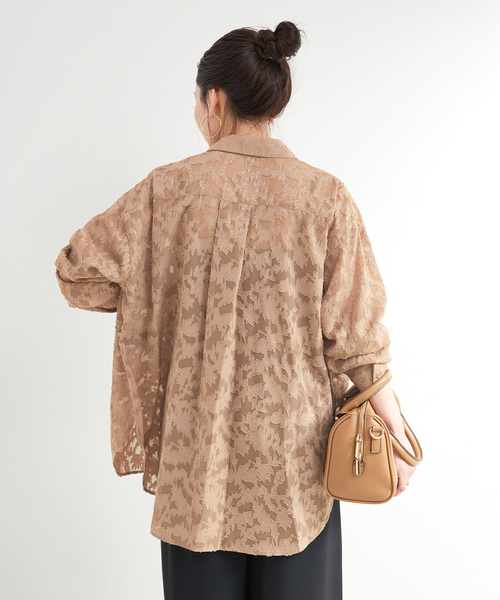 【ベージュ】格子ジャガード長袖シャツ (WOMENS) B.C STOCK（ベーセーストック） ブラウス シャツ 手洗い可