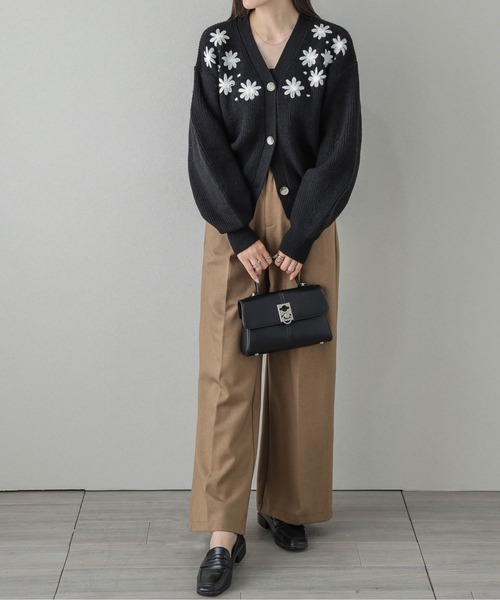 カーディガン フラワー刺繍リブニットカーディガン レディース
