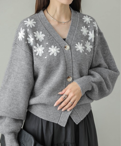 カーディガン フラワー刺繍リブニットカーディガン レディース