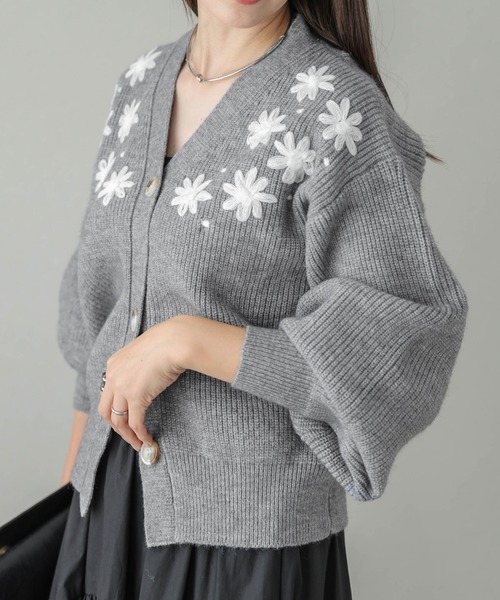 カーディガン フラワー刺繍リブニットカーディガン レディース