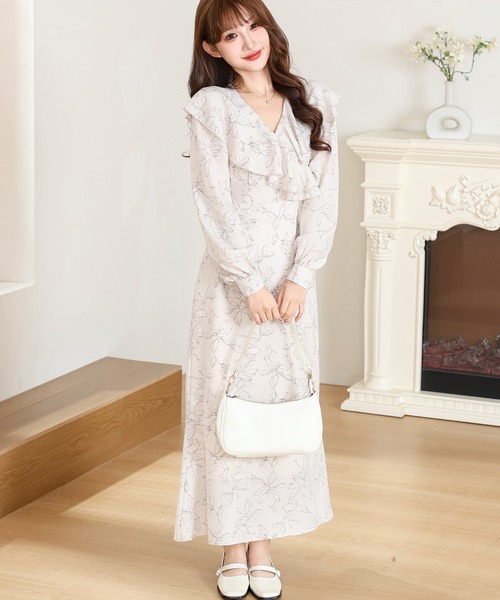 Anely ワンピース ボタニカル柄 フリル シフォン ロング ワンピース