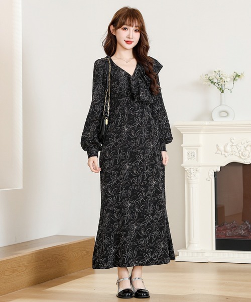 Anely ワンピース ボタニカル柄 フリル シフォン ロング ワンピース