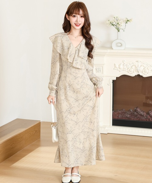 美品　エポカ　ボタニカル　ロングワンピース　プリーツ Anely ワンピース ボタニカル柄 フリル シフォン ロング ワンピース