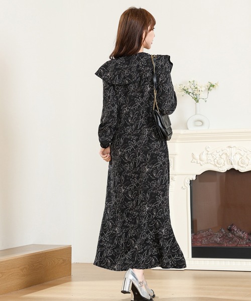 Anely ワンピース ボタニカル柄 フリル シフォン ロング ワンピース