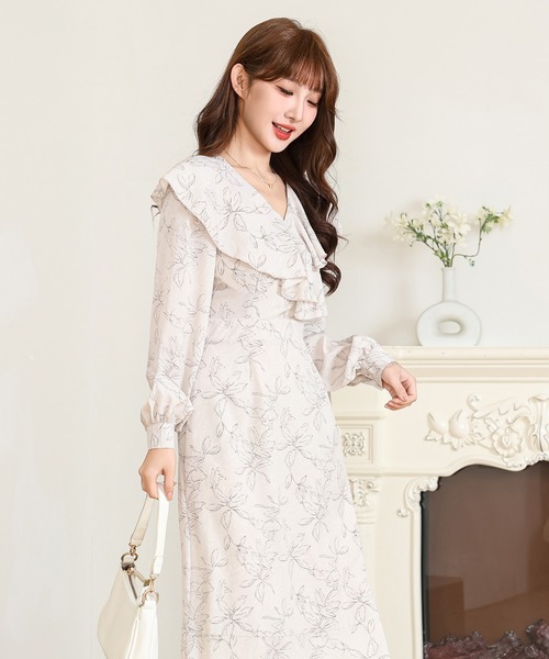 TSUMORICHISATO蝶々ボタニカル柄フリル袖チュニック伸縮ワンピースL Anely ワンピース ボタニカル柄 フリル シフォン ロング ワンピース