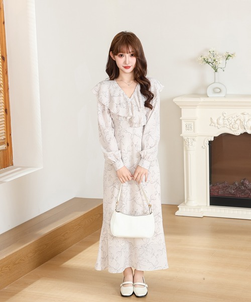 Anely ワンピース ボタニカル柄 フリル シフォン ロング ワンピース