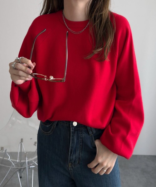 極美品 ルネ Ren? ニット セーター ロングスリーブ 無地 ウール トップス レディース 36(S相当) レッド セーター レディース ドルマンスリーブ ニットセーター 長袖 秋