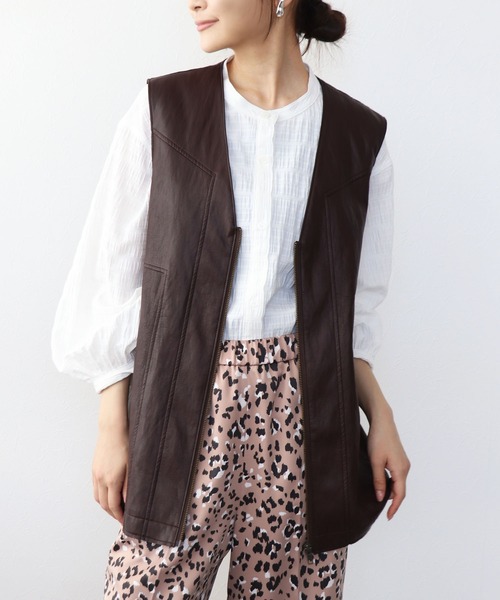 Jines（ジネス） ベスト ジレ フェイクレザー切替ベスト レディース
